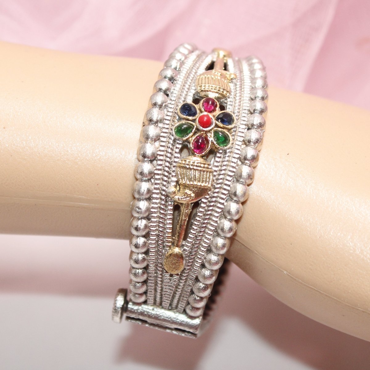 CHANDINI SILVER REPLICA DUAL - TONE STONE FLOWER KADA - kada