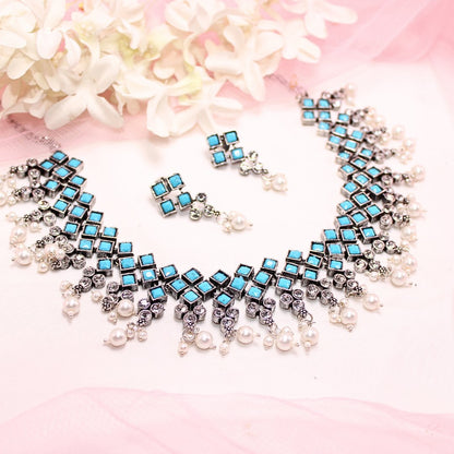 CRYSTAL NECKLACE SET-BLUE -Necklaces