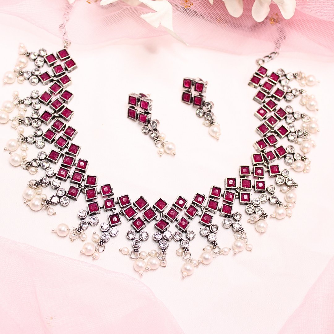 CRYSTAL NECKLACE SET-MAGENTA -Necklaces