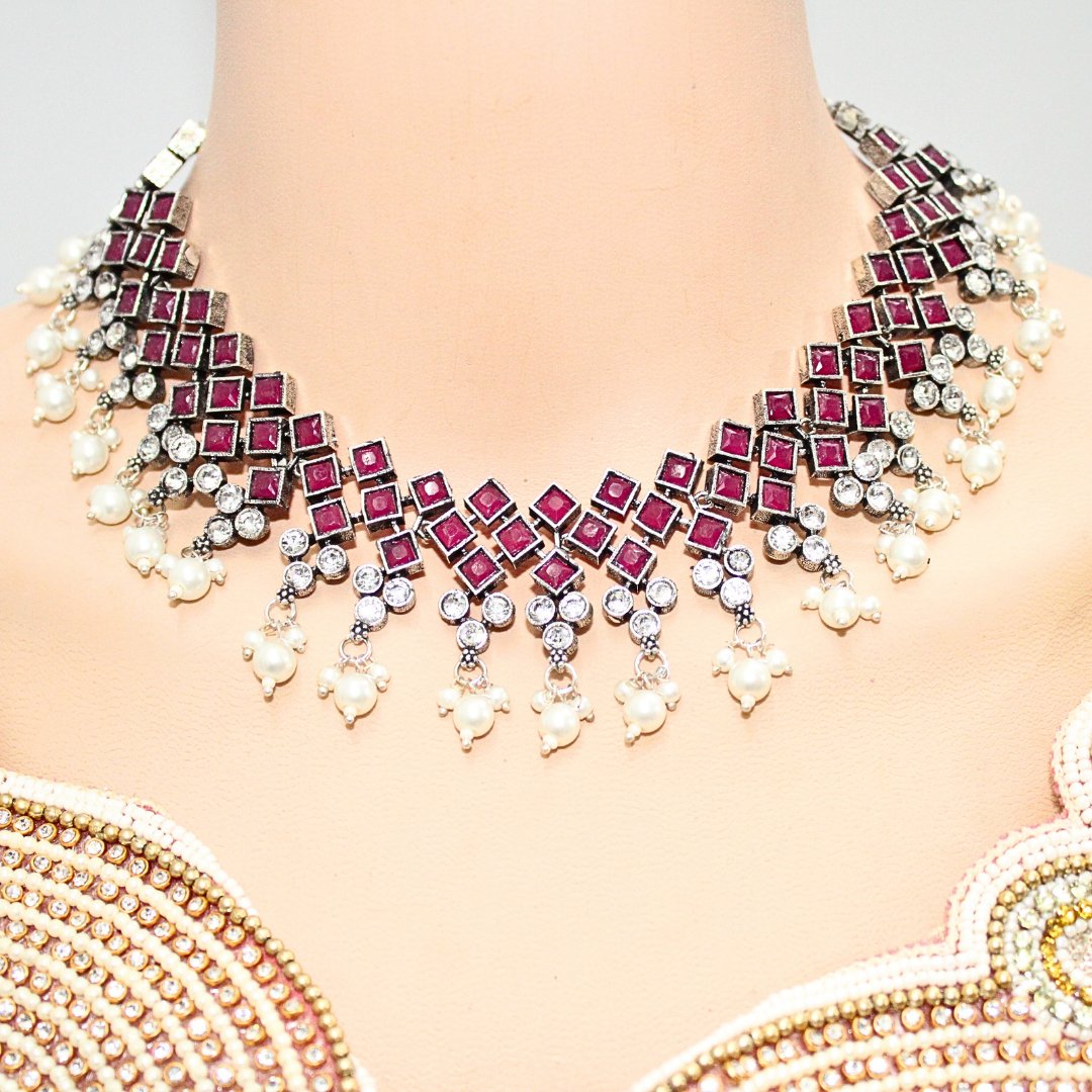 CRYSTAL NECKLACE SET-MAGENTA -Necklaces