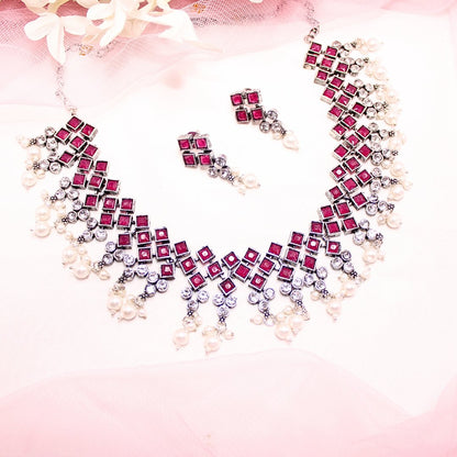 CRYSTAL NECKLACE SET-MAGENTA -Necklaces