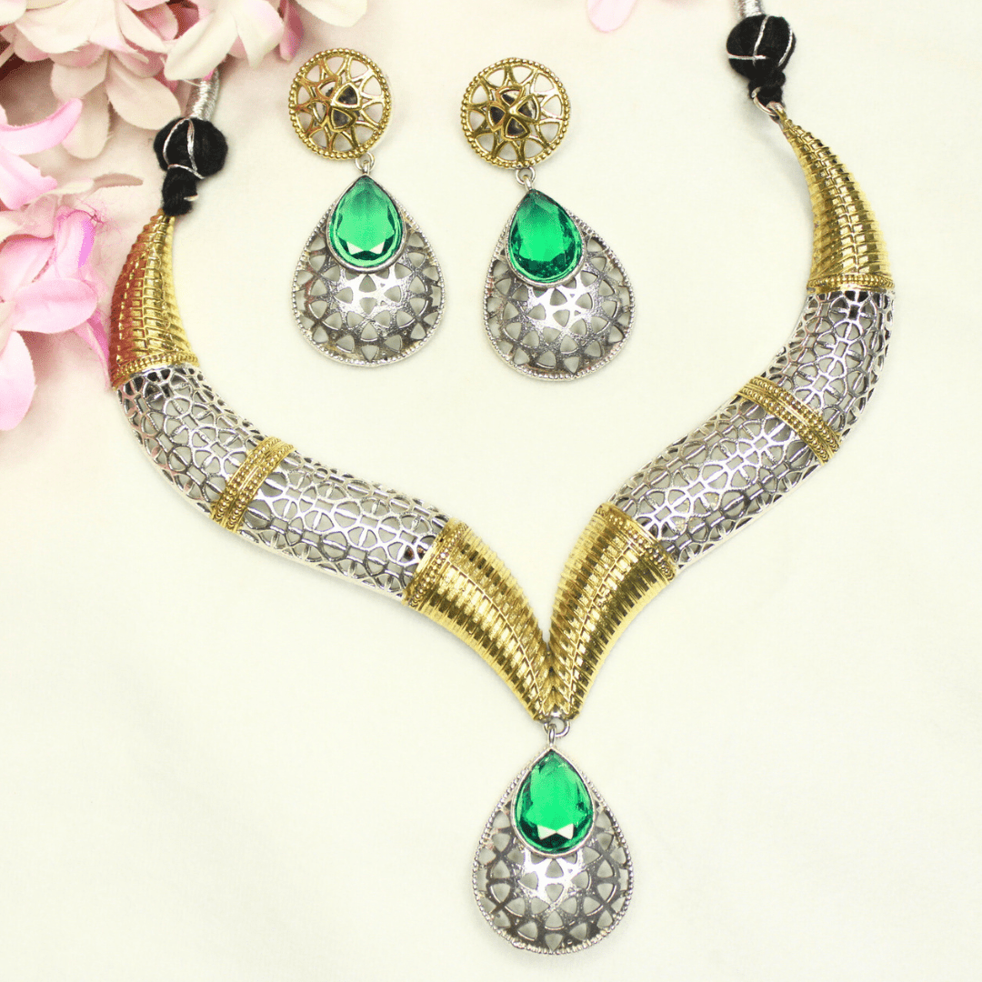 DUAL - TONE CUTWORK NECKLACE SET - GREEN - Necklaces