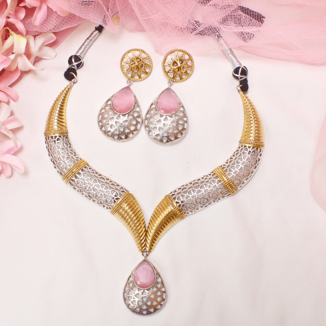 DUAL - TONE CUTWORK NECKLACE SET - PINK - Necklaces