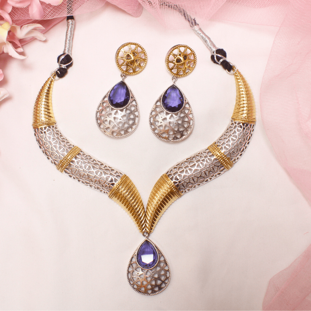 DUAL - TONE CUTWORK NECKLACE SET - PURPLE - Necklaces