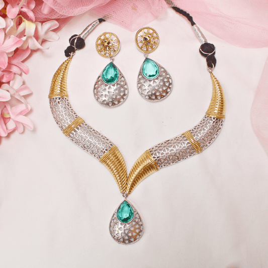 DUAL - TONE CUTWORK NECKLACE SET - TURQUOISE - Necklaces