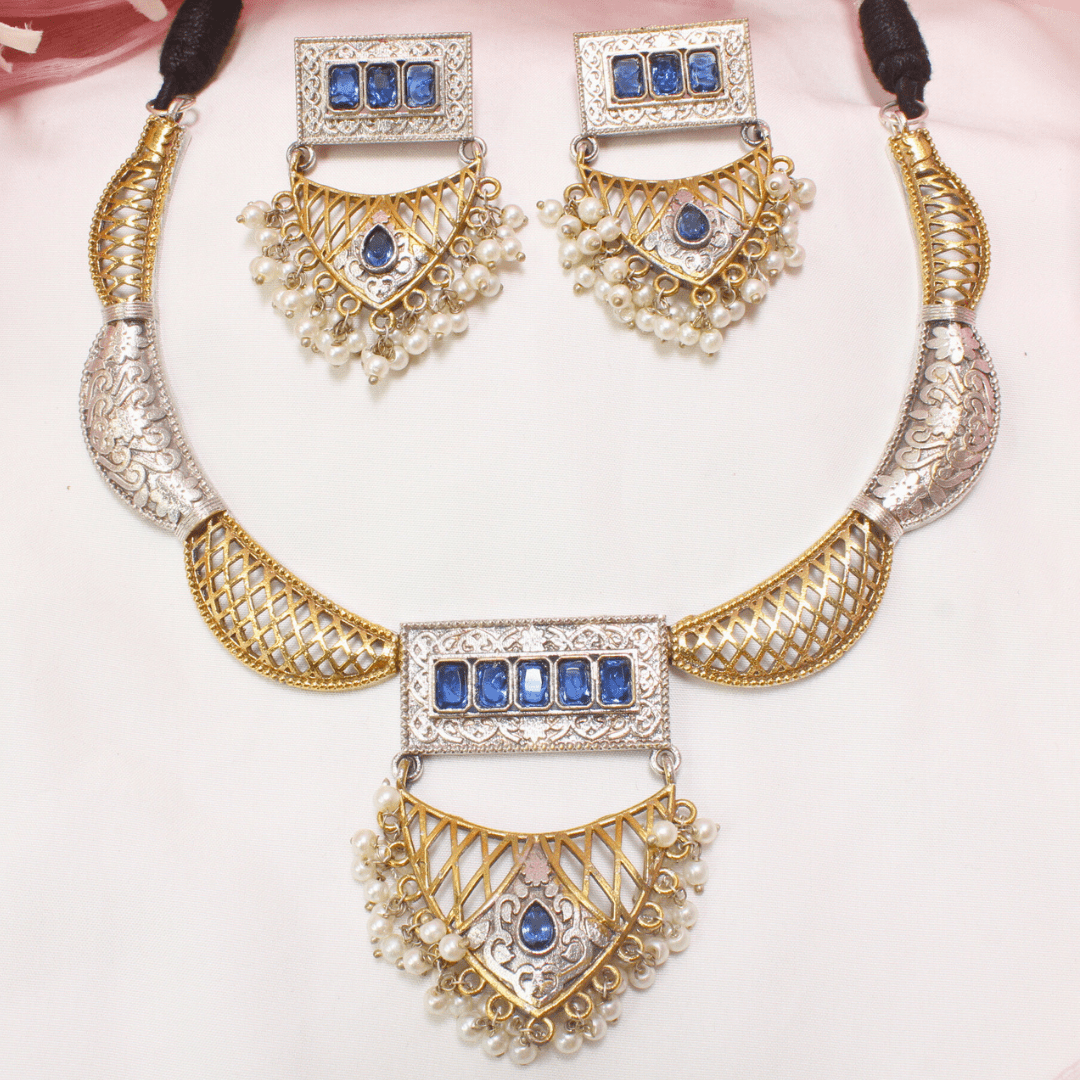 DUAL - TONE JAALI NECKLACE SET - BLUE - Necklaces