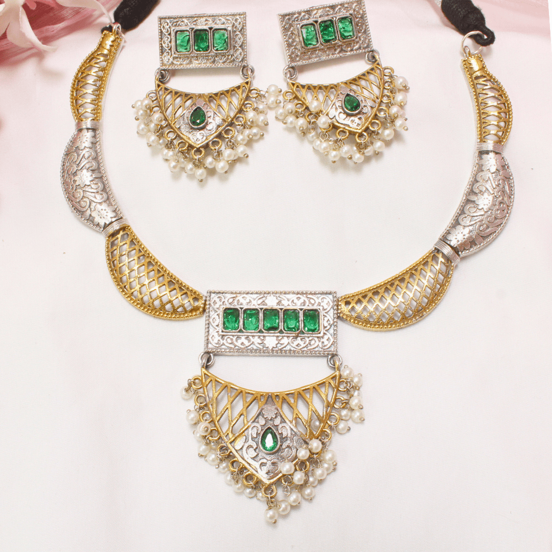 DUAL - TONE JAALI NECKLACE SET - GREEN - Necklaces