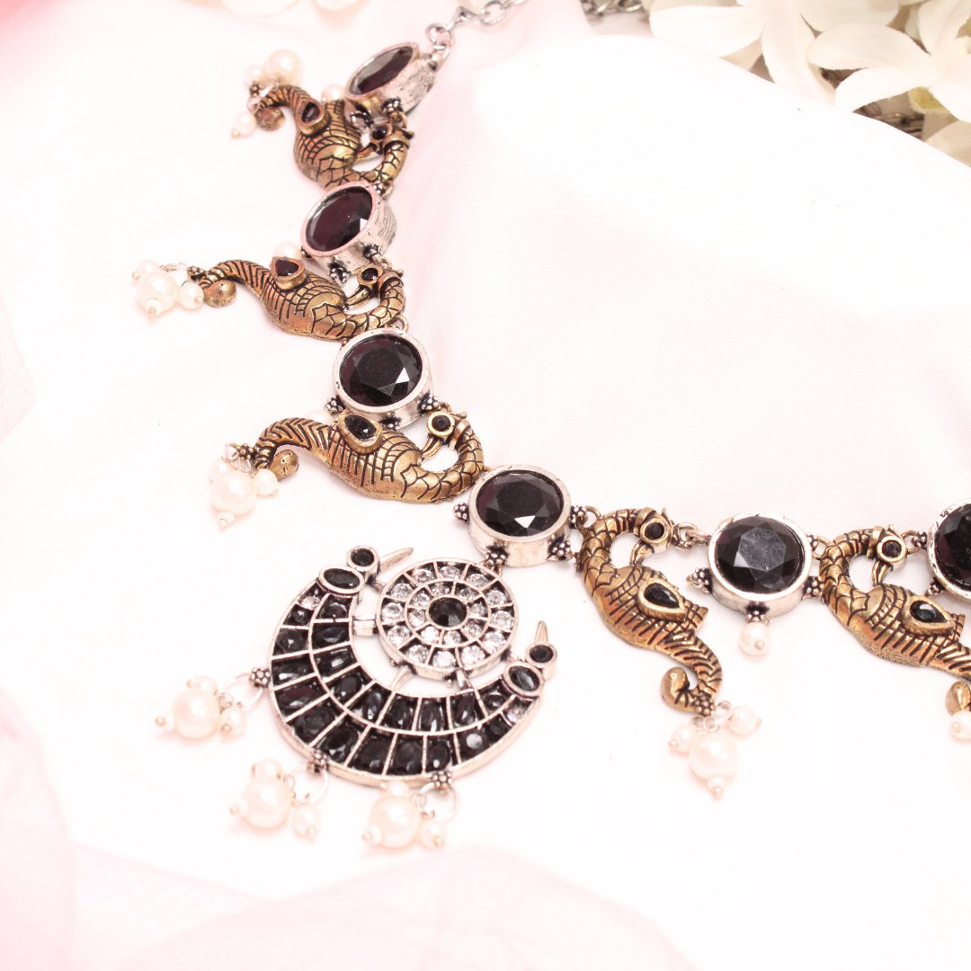 DUAL-TONE MAYURA CHAND NECKLACE-BLACK -Necklaces