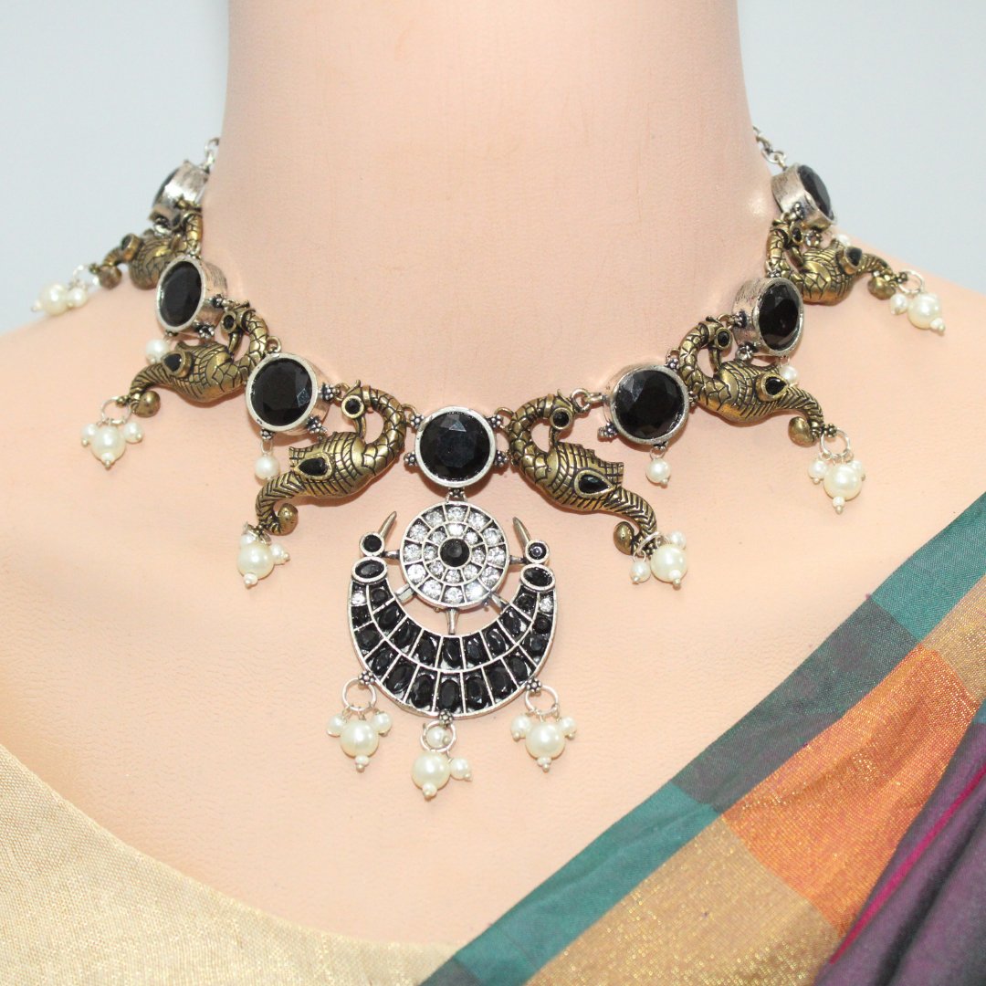 DUAL-TONE MAYURA CHAND NECKLACE-BLACK -Necklaces