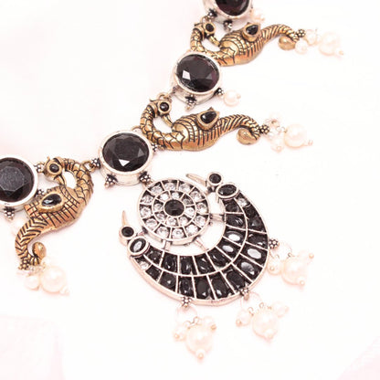 DUAL-TONE MAYURA CHAND NECKLACE-BLACK -Necklaces