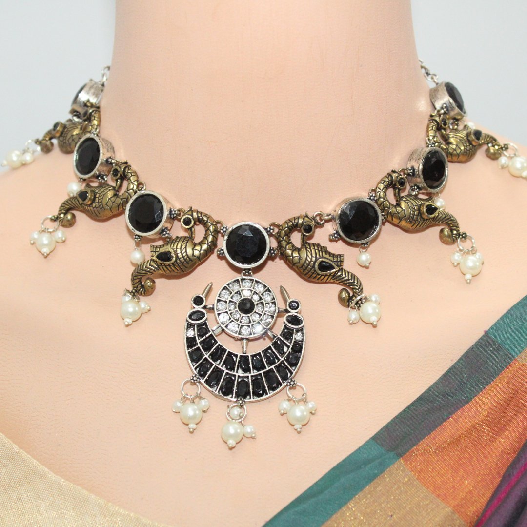 DUAL-TONE MAYURA CHAND NECKLACE-BLACK -Necklaces