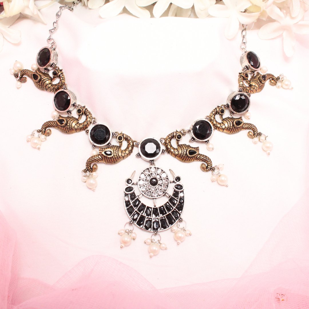 DUAL-TONE MAYURA CHAND NECKLACE-BLACK -Necklaces