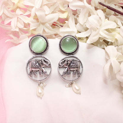 ELEPHANT IN RING & MONALISA STONE EARRING-LIGHT GREEN -EARRING