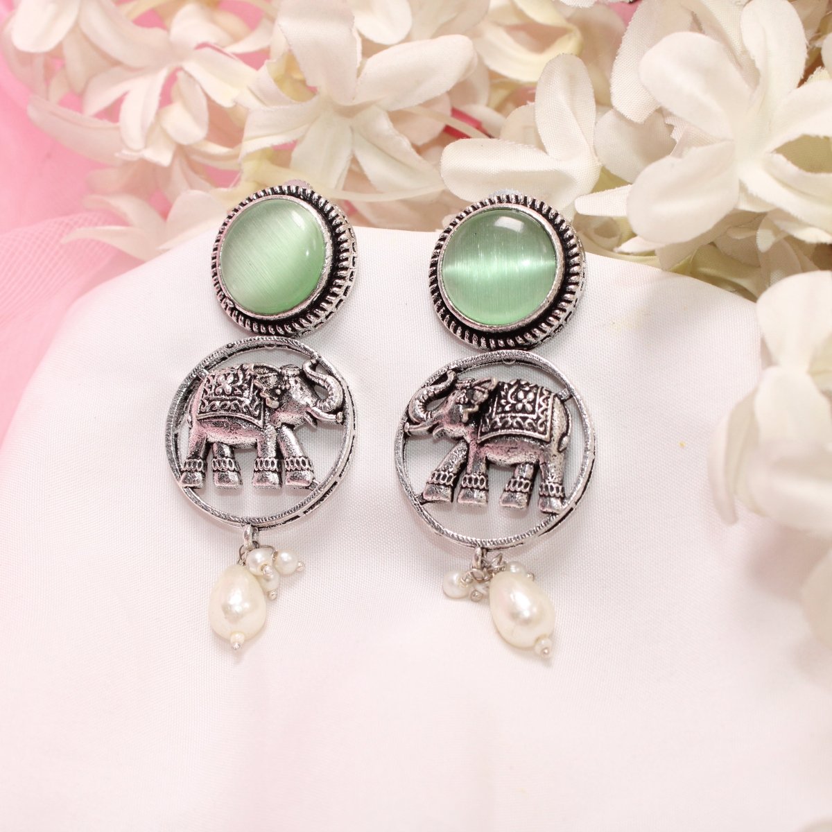 ELEPHANT IN RING & MONALISA STONE EARRING-LIGHT GREEN -EARRING