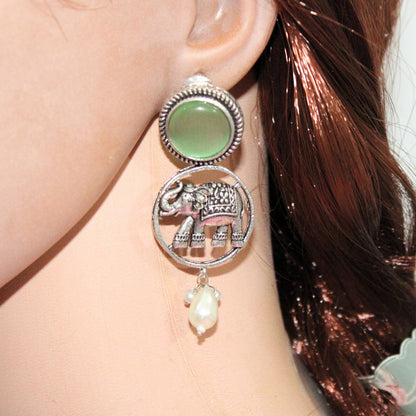 ELEPHANT IN RING & MONALISA STONE EARRING-LIGHT GREEN -EARRING