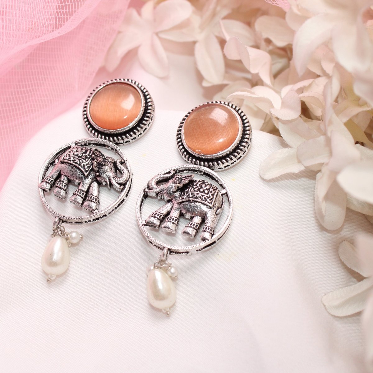 ELEPHANT IN RING & MONALISA STONE EARRING-ORANGE -EARRING