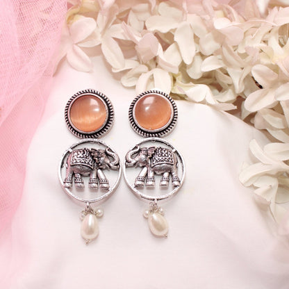 ELEPHANT IN RING & MONALISA STONE EARRING-ORANGE -EARRING