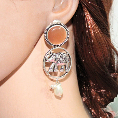 ELEPHANT IN RING & MONALISA STONE EARRING-ORANGE -EARRING