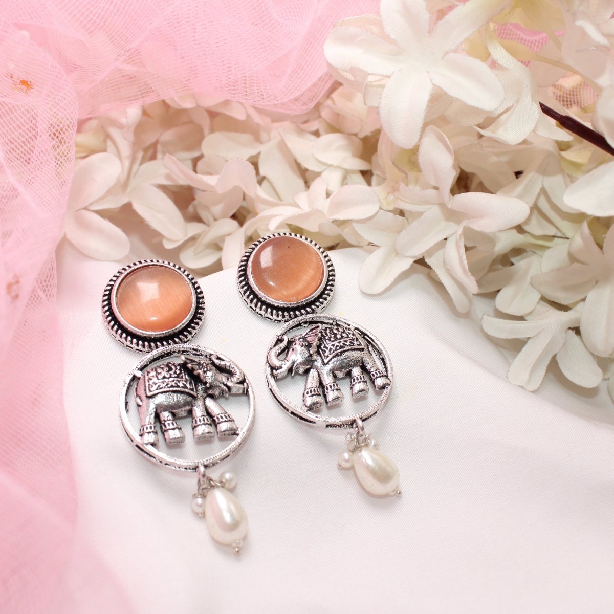 ELEPHANT IN RING & MONALISA STONE EARRING-ORANGE -EARRING