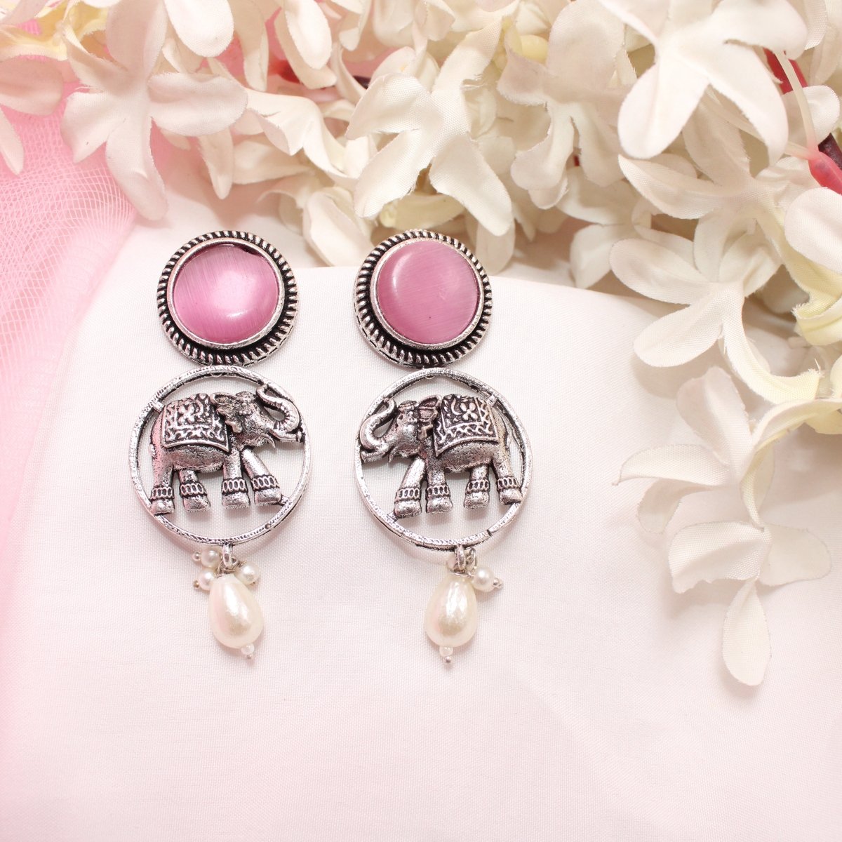 ELEPHANT IN RING & MONALISA STONE EARRING-PINK -EARRING