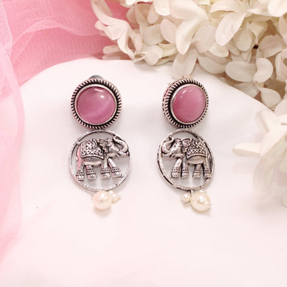 ELEPHANT IN RING & MONALISA STONE EARRING-PINK -EARRING