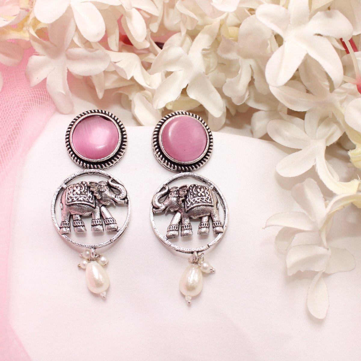 ELEPHANT IN RING & MONALISA STONE EARRING-PINK -EARRING