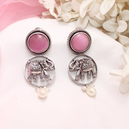 ELEPHANT IN RING & MONALISA STONE EARRING-PINK -EARRING