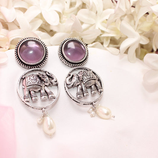 ELEPHANT IN RING & MONALISA STONE EARRING-PURPLE -EARRING