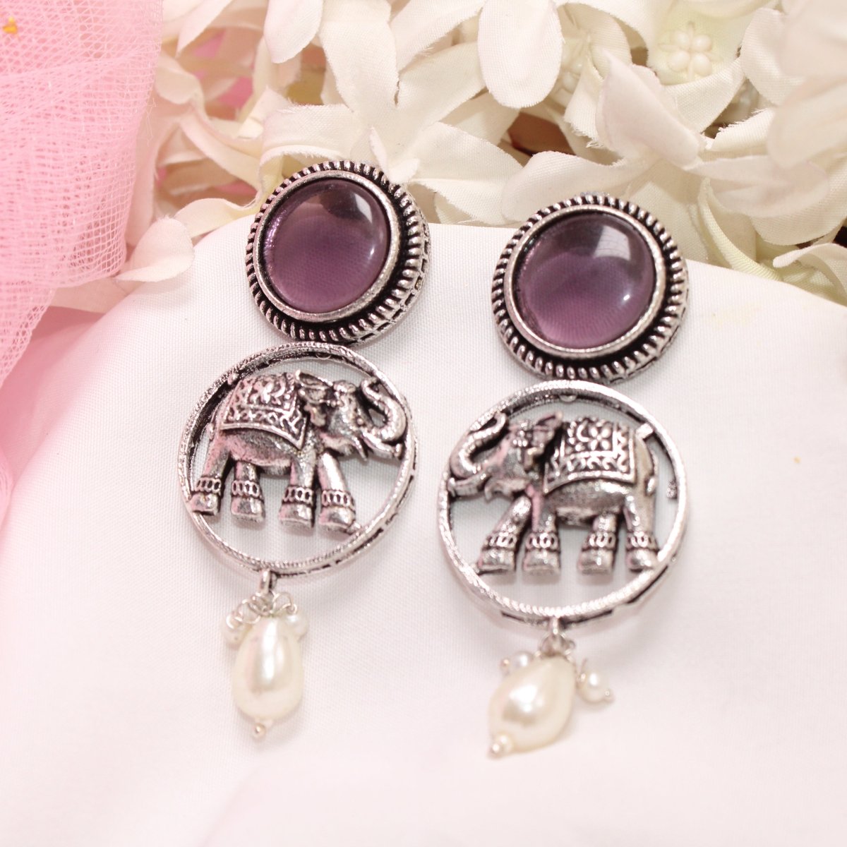 ELEPHANT IN RING & MONALISA STONE EARRING-PURPLE -EARRING