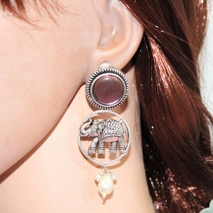 ELEPHANT IN RING & MONALISA STONE EARRING-PURPLE -EARRING