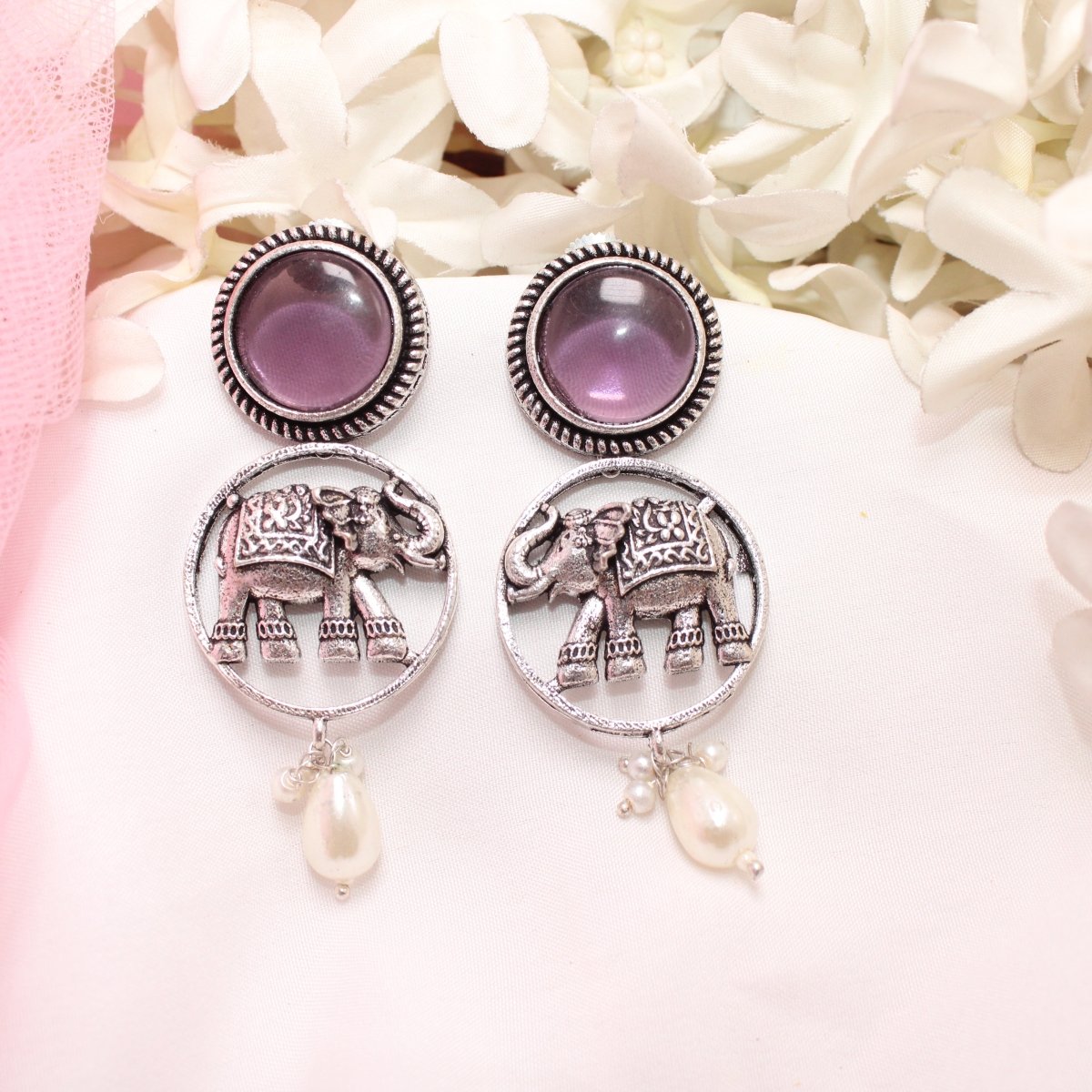 ELEPHANT IN RING & MONALISA STONE EARRING-PURPLE -EARRING