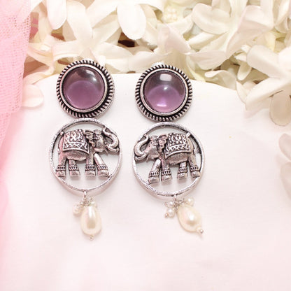 ELEPHANT IN RING & MONALISA STONE EARRING-PURPLE -EARRING