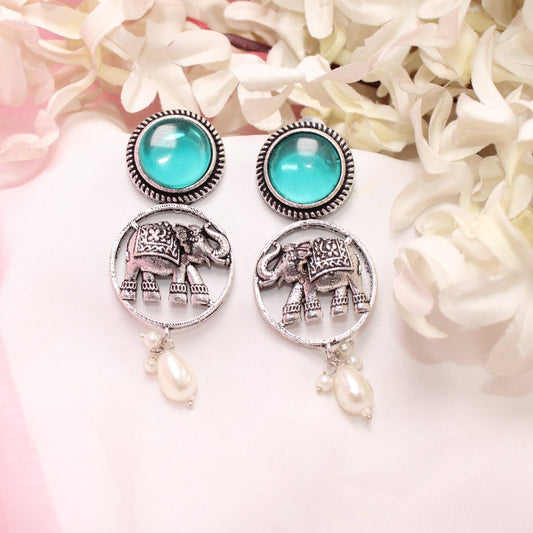 ELEPHANT IN RING & MONALISA STONE EARRING-TURQUOISE -EARRING