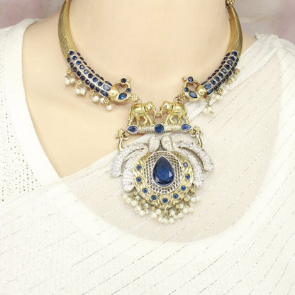 GAJ PAIR DUAL - TONE HASLI NECKLACE - BLUE - Necklaces