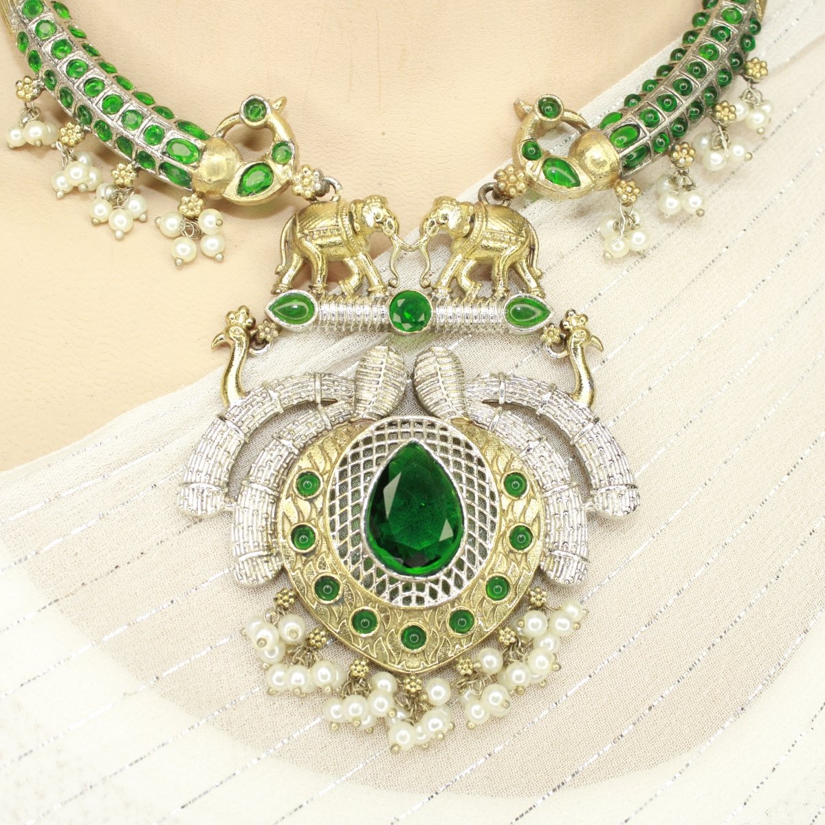 GAJ PAIR DUAL - TONE HASLI NECKLACE - GREEN - Necklaces