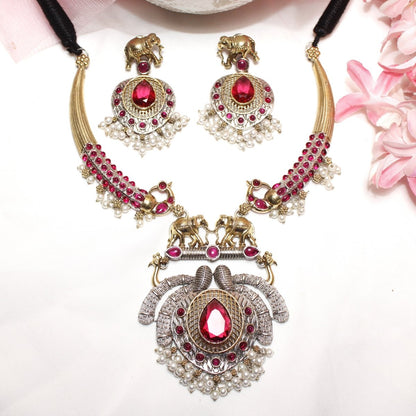 GAJ PAIR DUAL - TONE HASLI NECKLACE - MAROON - Necklaces