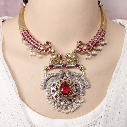 GAJ PAIR DUAL - TONE HASLI NECKLACE - MAROON - Necklaces