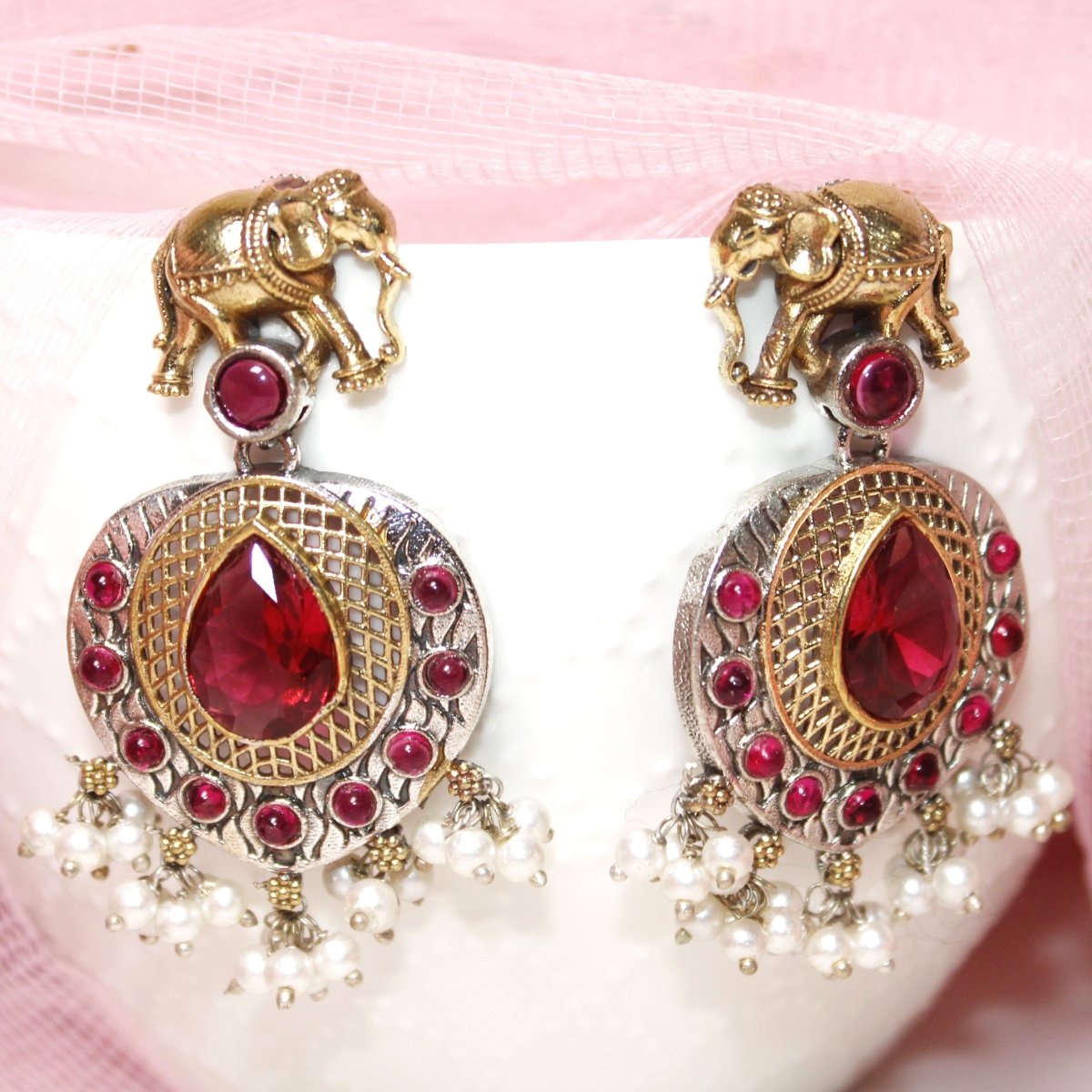 GAJ PAIR DUAL - TONE HASLI NECKLACE - MAROON - Necklaces