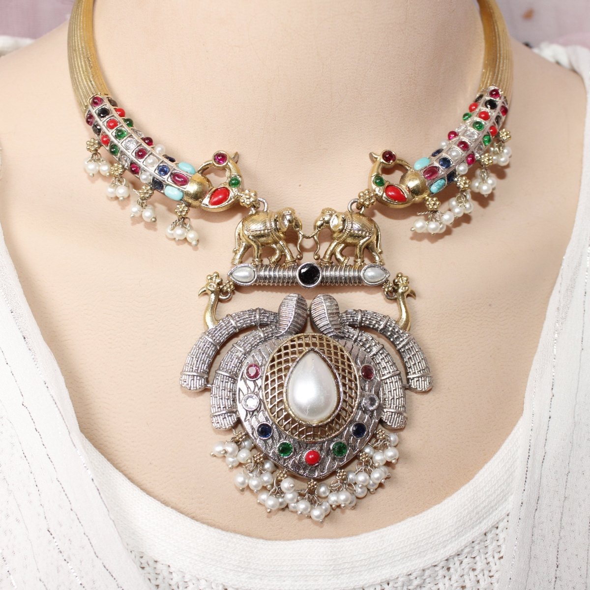 GAJ PAIR DUAL - TONE HASLI NECKLACE - NAVRATNA - Necklaces