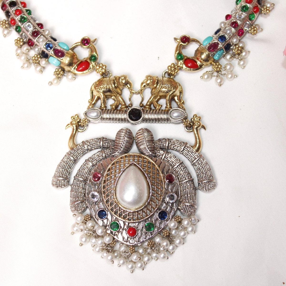 GAJ PAIR DUAL - TONE HASLI NECKLACE - NAVRATNA - Necklaces