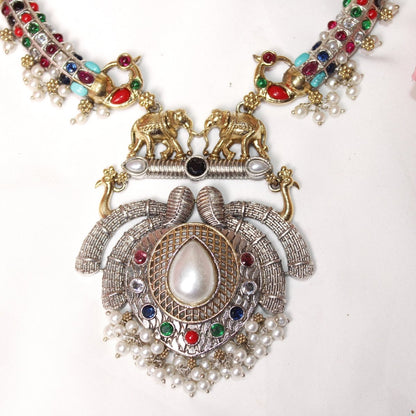 GAJ PAIR DUAL - TONE HASLI NECKLACE - NAVRATNA - Necklaces