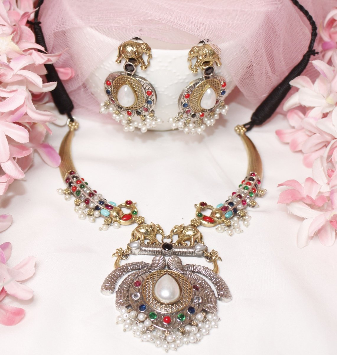 GAJ PAIR DUAL - TONE HASLI NECKLACE - NAVRATNA - Necklaces