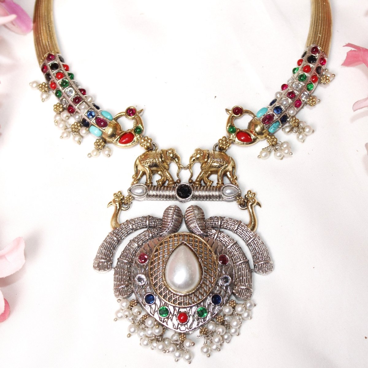 GAJ PAIR DUAL - TONE HASLI NECKLACE - NAVRATNA - Necklaces