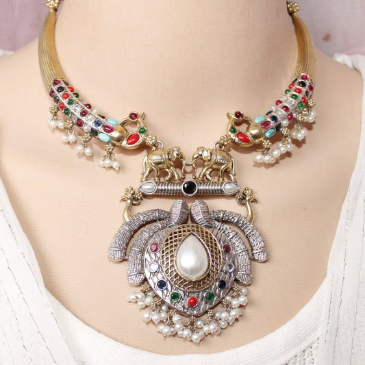 GAJ PAIR DUAL - TONE HASLI NECKLACE - NAVRATNA - Necklaces