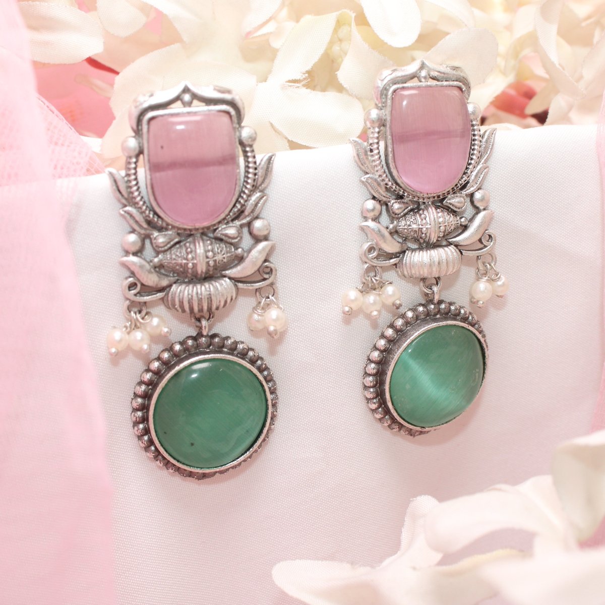 GULDASTA TWO STONE DANGLER EARRING-PINK & GREEN -EARRING