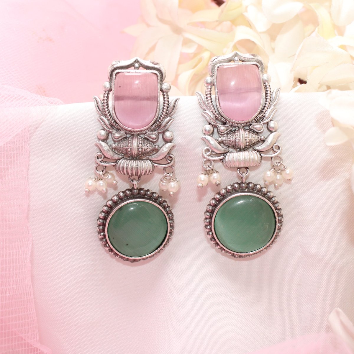 GULDASTA TWO STONE DANGLER EARRING-PINK & GREEN -EARRING