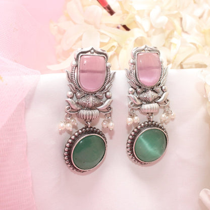 GULDASTA TWO STONE DANGLER EARRING-PINK & GREEN -EARRING