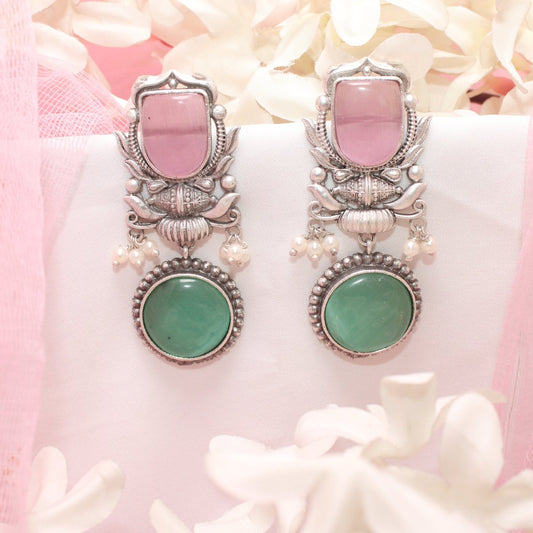 GULDASTA TWO STONE DANGLER EARRING-PINK & GREEN -EARRING