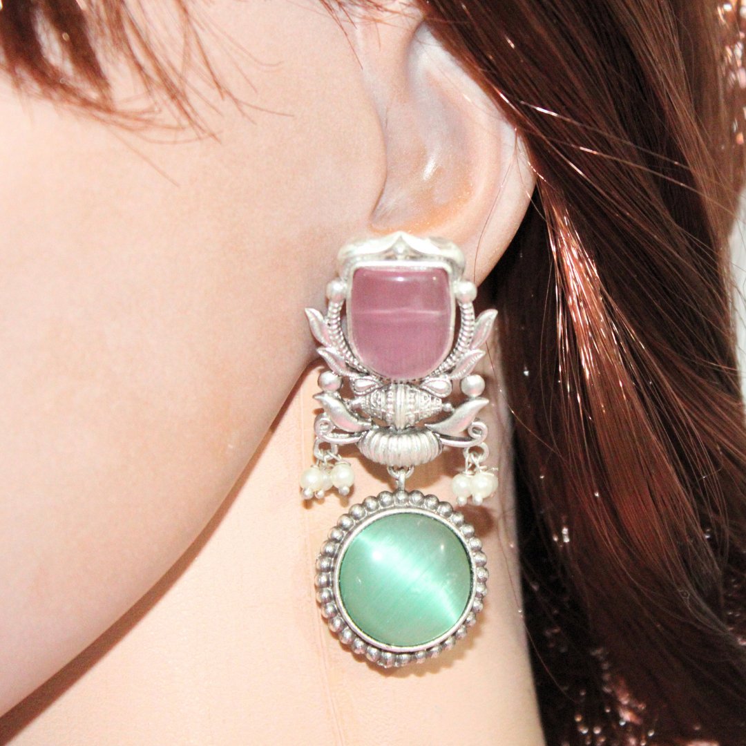 GULDASTA TWO STONE DANGLER EARRING-PINK & GREEN -EARRING