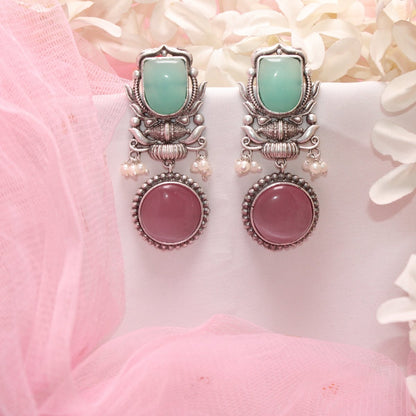 GULDASTA TWO STONE DANGLER EARRING-TURQUOISE & PINK -EARRING